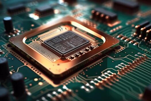 Hight semiconductor technology chip on integrated circuit board, line in light, metallic luster, technology, Abstract technology background, illustration. photo