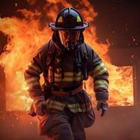 Firefighter in foreground with burning buildings in background. safety fire fighter team,department Fireman in special heat resistant protection suit. illustration. photo