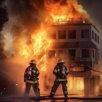 bombero en primer plano con ardiente edificios en antecedentes. la seguridad fuego combatiente equipo, departamento bombero en especial calor resistente proteccion traje. generativo ai ilustración. foto