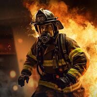 Firefighter in foreground with burning buildings in background. safety fire fighter team,department Fireman in special heat resistant protection suit. illustration. photo