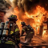 Firefighter in foreground with burning buildings in background. safety fire fighter team,department Fireman in special heat resistant protection suit. illustration. photo