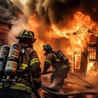 Firefighter in foreground with burning buildings in background. safety fire fighter team,department Fireman in special heat resistant protection suit. Generative AI illustration. photo