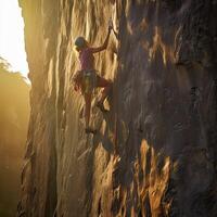 un mujer alpinismo en un escalada de roca un montaña, generativo ai ilustración. foto