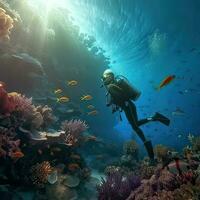 escafandra autónoma buceo.bajo el agua escena hermosa mar vida. escafandra autónoma buzo, explorar y disfrutar a coral arrecife. generativo ai ilustración. foto