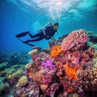 Scuba diving.Underwater scene beautiful sea life. scuba diver, explore and enjoy at coral reef. illustration. photo