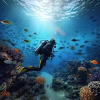 Scuba diving.Underwater scene beautiful sea life. scuba diver, explore and enjoy at coral reef. illustration. photo