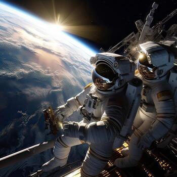 Astronauts in space around the solar battarei,incredibly detailed,Picture resolution. illustration. photo