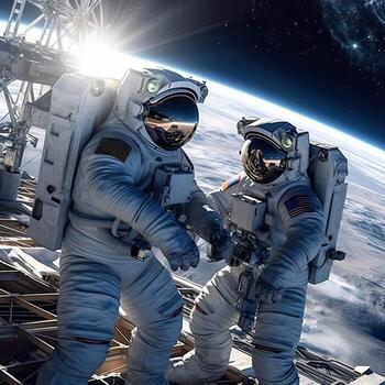 Astronauts in space around the solar battarei,incredibly detailed,Picture resolution. illustration. photo