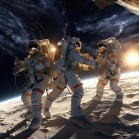 Astronauts in space around the solar battarei,incredibly detailed,Picture resolution. illustration. photo