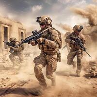 Soldier forces fighting and action in the desert, illustration. photo