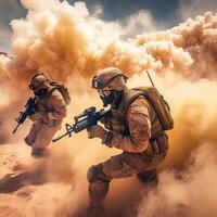 Soldier forces fighting and action in the desert, Generative AI illustration. photo