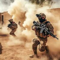 soldado efectivo luchando y acción en el desierto, generativo ai ilustración. foto