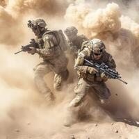 Soldier forces fighting and action in the desert, illustration. photo