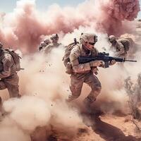 Soldier forces fighting and action in the desert, Generative AI illustration. photo