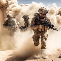 Soldier forces fighting and action in the desert, illustration. photo