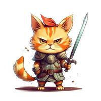 cute animal of anthropomorphic cat as warrior on isolate white background full body. Generative AI illustration. photo