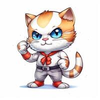 cute animal of anthropomorphic cat as warrior on isolate white background full body. Generative AI illustration. photo