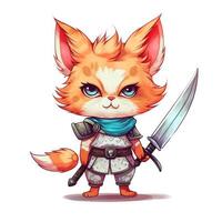 cute animal of anthropomorphic cat as warrior on isolate white background full body. Generative AI illustration. photo