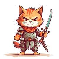 cute animal of anthropomorphic cat as warrior on isolate white background full body. Generative AI illustration. photo