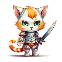 cute animal of anthropomorphic cat as warrior on isolate white background full body. Generative AI illustration. photo