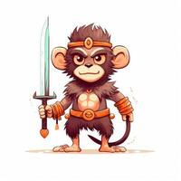 Cute animal of anthropomorphic monkey as warrior on isolate white background full body. Generative AI illustration. photo