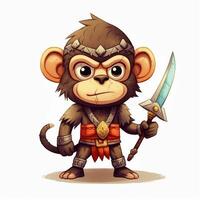 Cute animal of anthropomorphic monkey as warrior on isolate white background full body. Generative AI illustration. photo