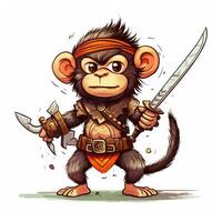 Cute animal of anthropomorphic monkey as warrior on isolate white background full body. illustration. photo