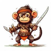 Cute animal of anthropomorphic monkey as warrior on isolate white background full body. Generative AI illustration. photo