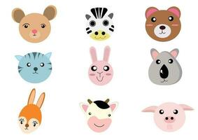 Set of animal heads collection.Characters portrait cute animal faces on white background.portraits, Emoji funny animal, Logo, sticker,Kawaii,Vector Funny cartoon and animal heads concept. vector