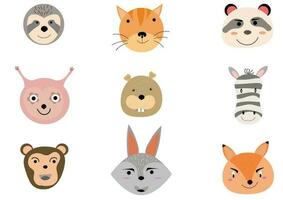 conjunto de animal cabezas colección.personajes retrato linda animal caras en blanco retratos de fondo, emoji gracioso animal, logo, pegatina, kawaii, vector gracioso dibujos animados y animal cabezas concepto.