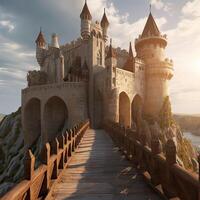Old medieval.Medieval castle on the island and a bridge leading. illustration. photo