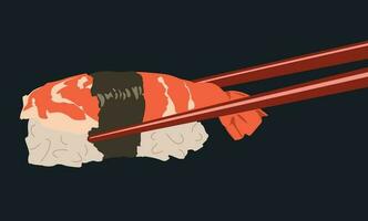 Sushi with shrimp and rice in chopsticks on dark background vector