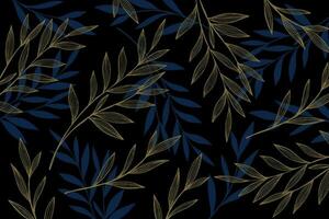 Elegant pattern with blue and golden branches with leaves on black background vector