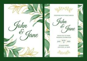 elegante Boda invitación diseño en blanco antecedentes con verde y oro ramas vector