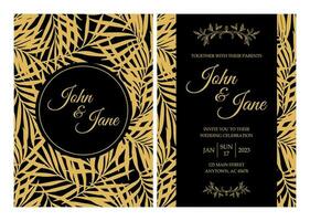 elegante Boda invitación diseño en negro antecedentes con oro ramas vector