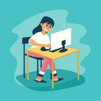 female student studying on her computer character flat illustration copyspace vector