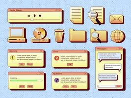 Set of retro vaporwave desktop browser and dialog window templates. 80s 90s old computer user interface elements and vintage aesthetic icons. Nostalgic retro operating system. vector