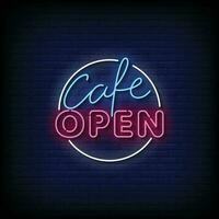 Neon Sign cafe open with brick wall background vector