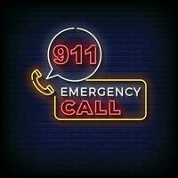 Neon Sign emergency call with brick wall background vector