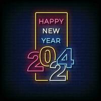 Neon Sign happy new year 2024 with brick wall background vector