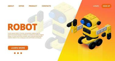 Web template with a yellow robot assembled from plastic blocks in isometric style for printing and design. Vector illustration.