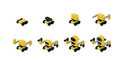 A set of a yellow robot in isometric style on a white background for printing and design. Vector illustration.