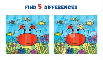 Find five differences, vector illustration for children with a crab in the water, fishes and corals.