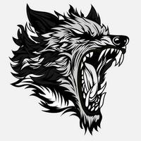 head ferocious wolf aggressive roaring, outline silhouette on a black background for tattoos and tshirt design vector