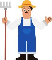 Happy farmer with pitchfork cartoon vector.Man with rake standing with isolated background vector