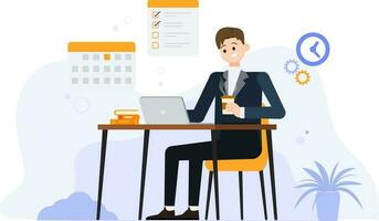 Businessman working on laptop with hand holding coffee.Business working on process concept.Flat businessman cartoon sitting and working vector