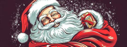 Santa Claus prepares gifts for the Christmas holidays red banner, made with Generative AI photo
