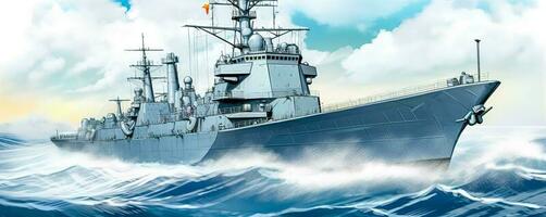 a battleship in the waters of the sea, military navy ship, banner made with Generative AI photo