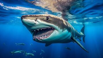 a shark hunts prey under the water surface, underwater world with predator, made with photo