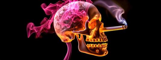 shining skull and cigarette with smoke, the concept of smoking is bad for health, banner made with Generative AI photo